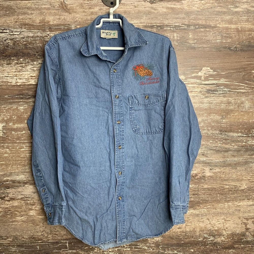 Merry Christmas ~ Long Sleeve Denim Shirt by Paradise Point ~ Small Mens